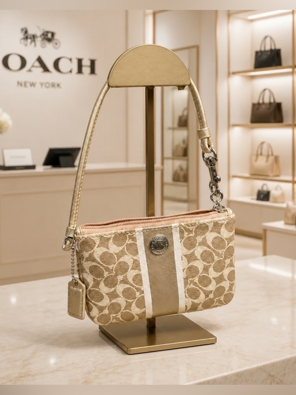 Coach Tan, Ivory Signature Leather w gold Metallic Wristlet, NICE!